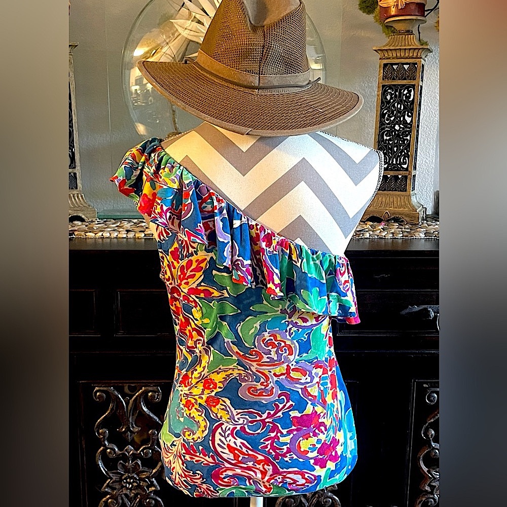 RALPH LAUREN MULI-COLORED ONE SHOULDER TOP